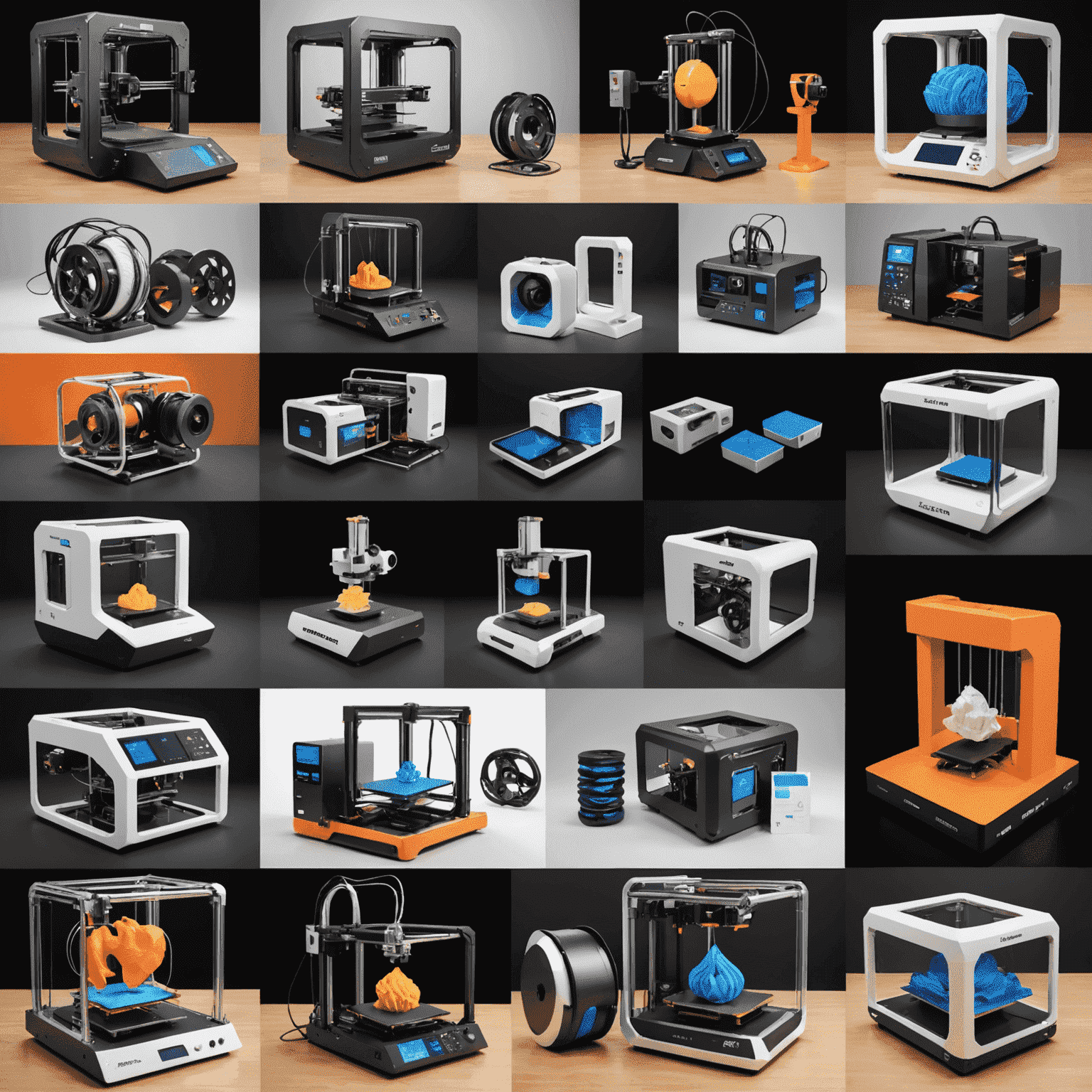 A collage showcasing various 3D technologies: 3D printers in action, VR headsets, 3D modeling software interfaces, and industrial 3D printing applications