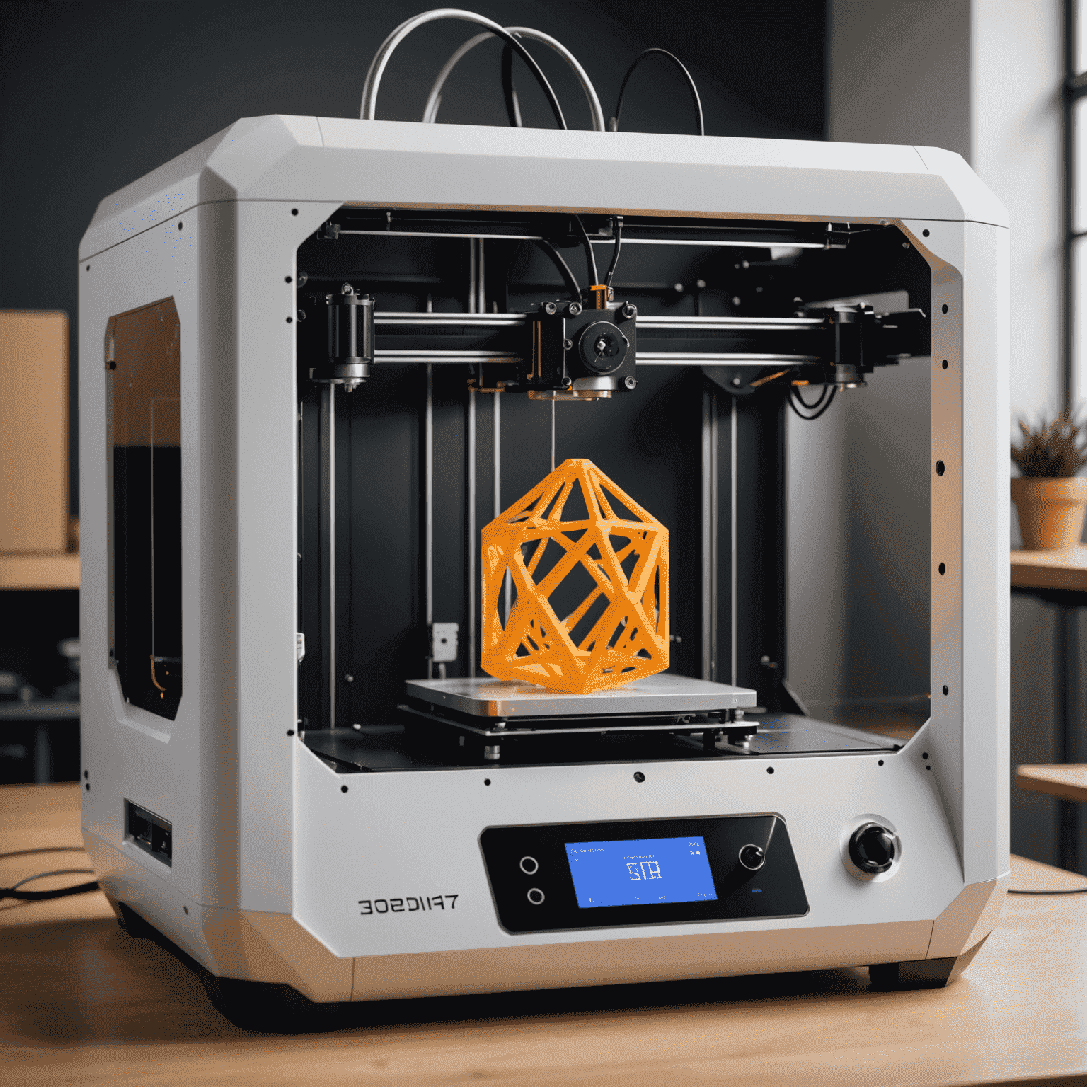 A modern 3D printer creating a complex geometric object, showcasing the precision and capabilities of recent 3D printing technology