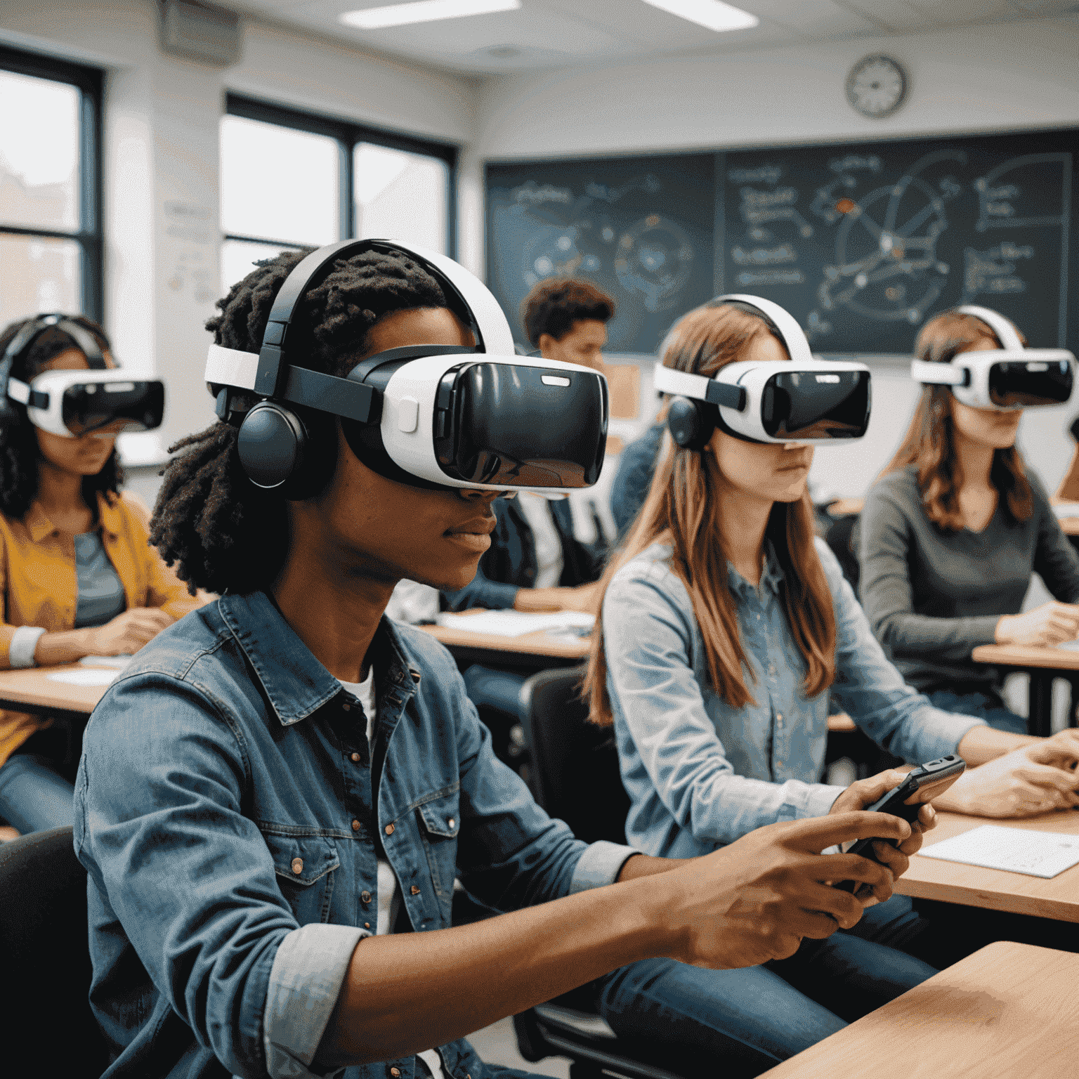 Students using VR headsets in a classroom setting, interacting with 3D models and virtual environments