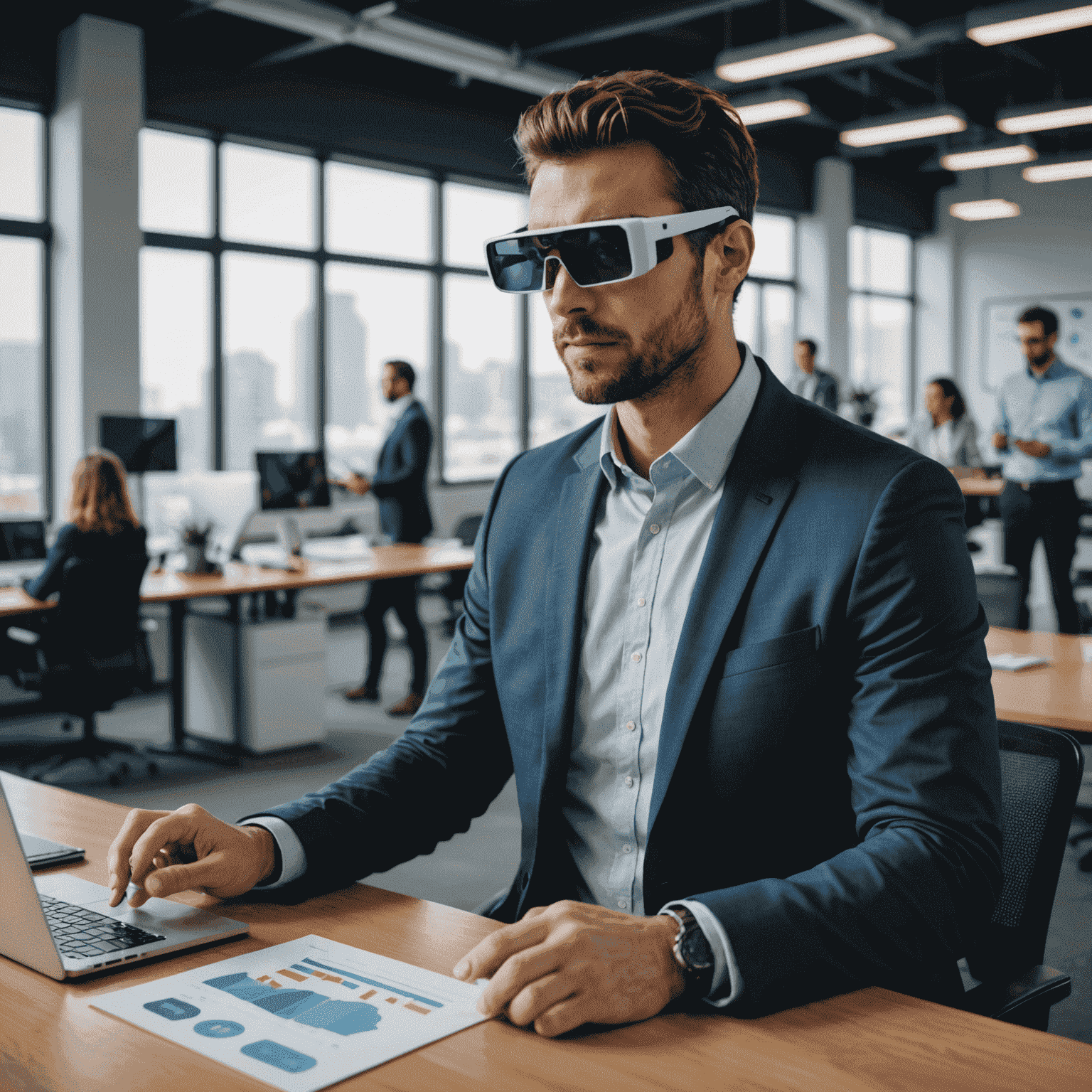 A business professional using AR glasses to interact with virtual data and 3D models in a modern office setting