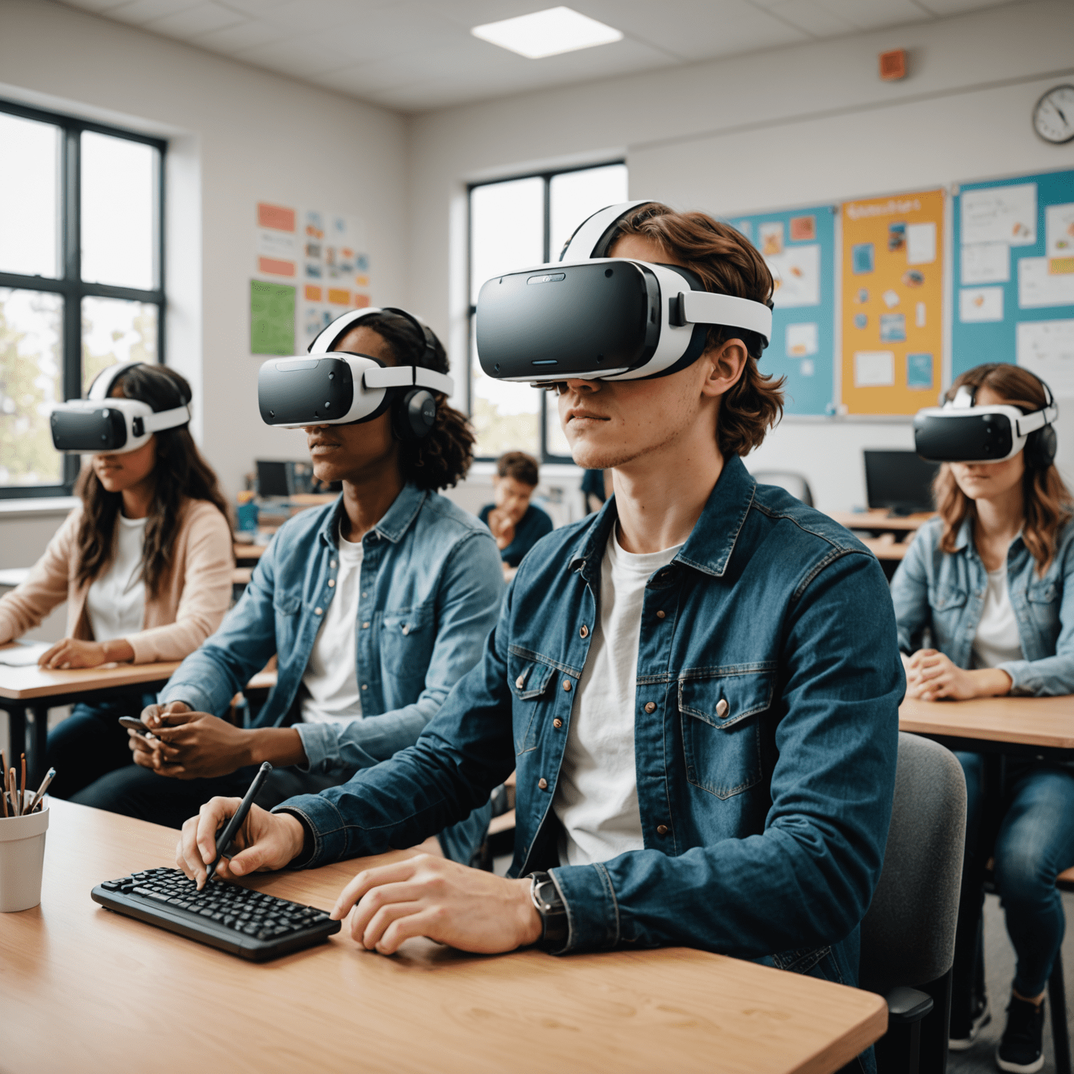 Students wearing VR headsets in a classroom setting, interacting with virtual 3D models and simulations