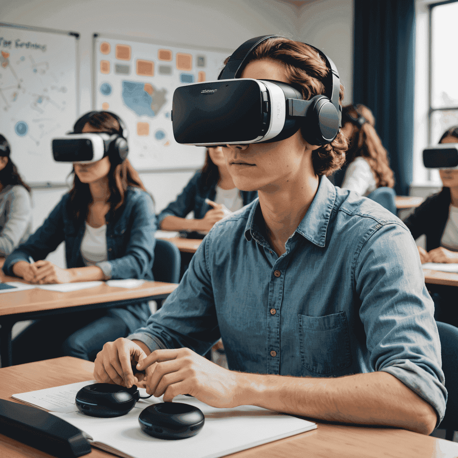 Students using VR headsets in a classroom setting, interacting with virtual 3D models and simulations