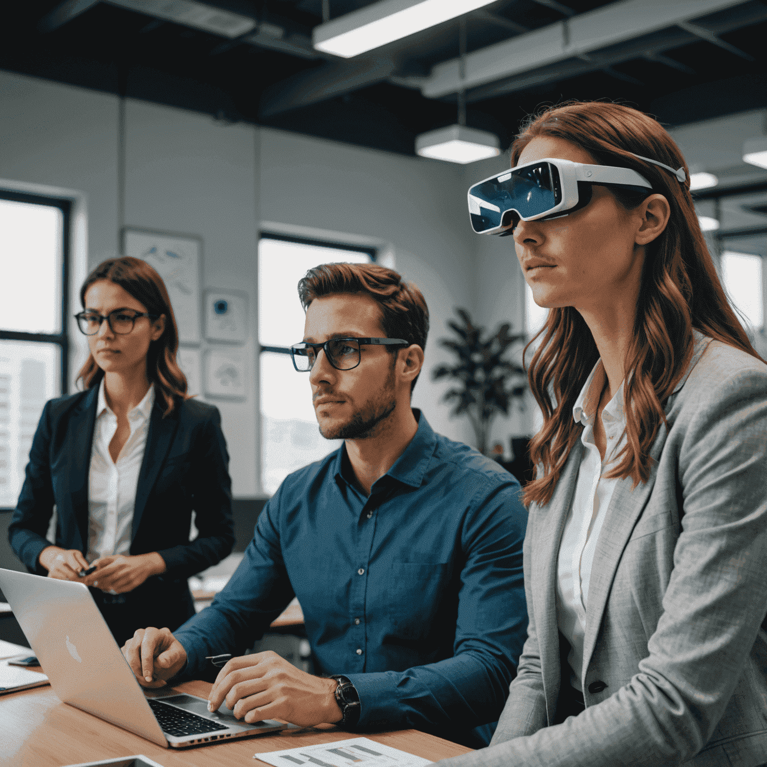 Business professionals using AR glasses to view and interact with 3D product models and data visualizations in a modern office space