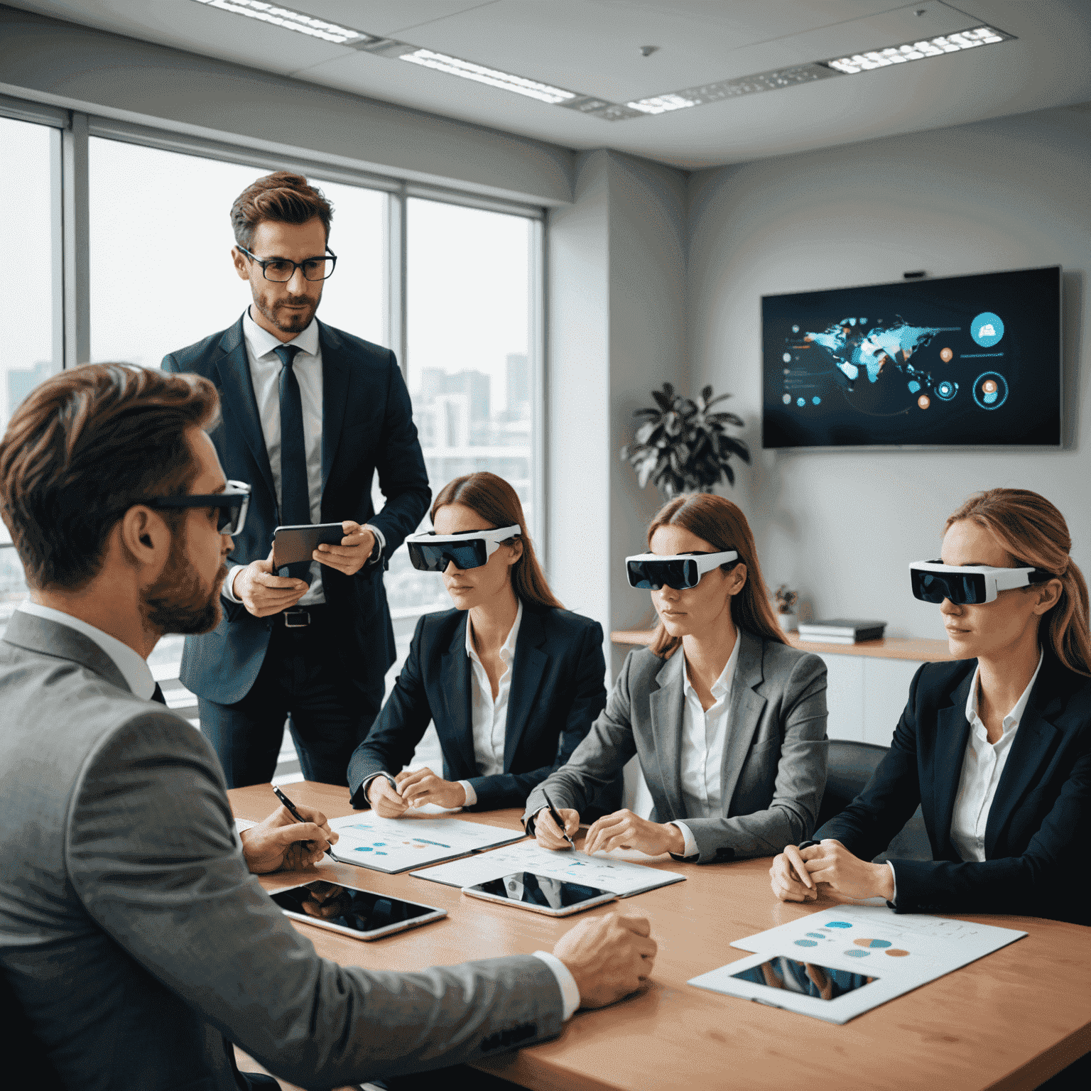 Business professionals using AR glasses to view and interact with 3D product models in a meeting room